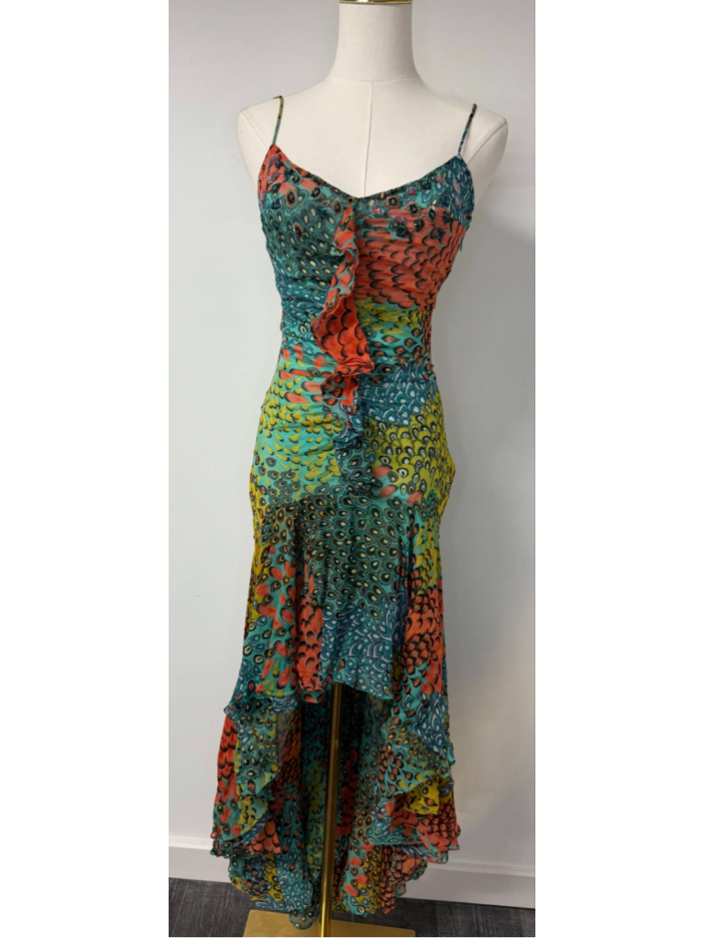 BCBGMAXAZRIA Peacock Print Ruffle High-Low Maxi Dress Size 4